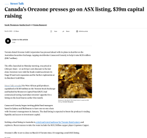 Orezone Gold Corporation (code TBA)