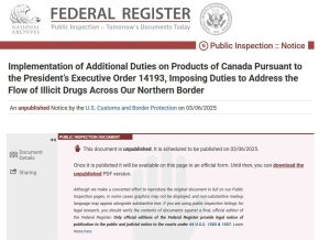 The US Federal Register hasn't published the implementation of tariffs on Canada